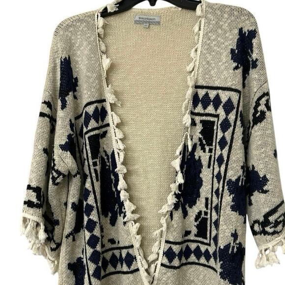 World Market Cream & Navy Blue Fringe Open Front 3/4 Sleeve Boho Cardigan O/S - Picture 3 of 11